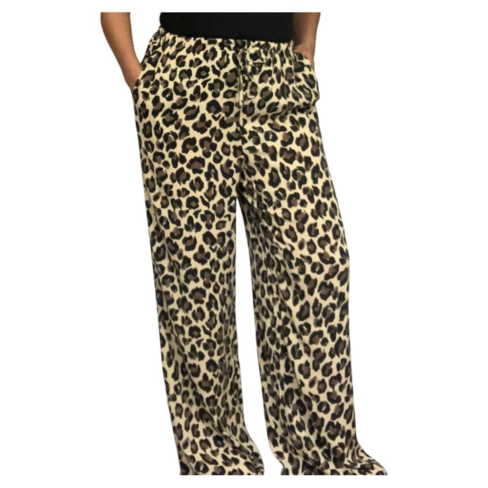 Per Se Women’s Beige Leopard Print Wide-Leg High-Rise Elastic Waist Pants Size M